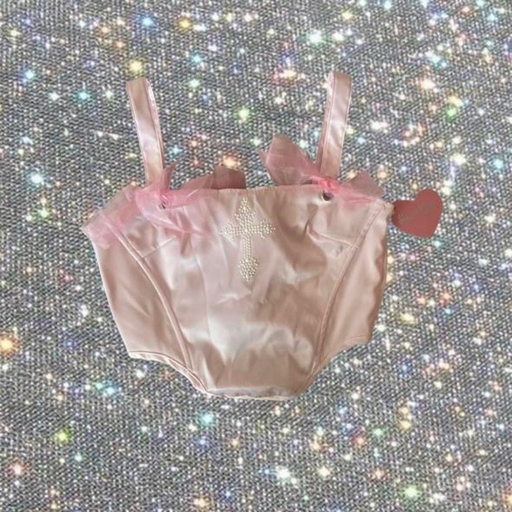 Sugar Thrillz Dolls Kill Pastel Pink Corset Top With Bedazzled Cross